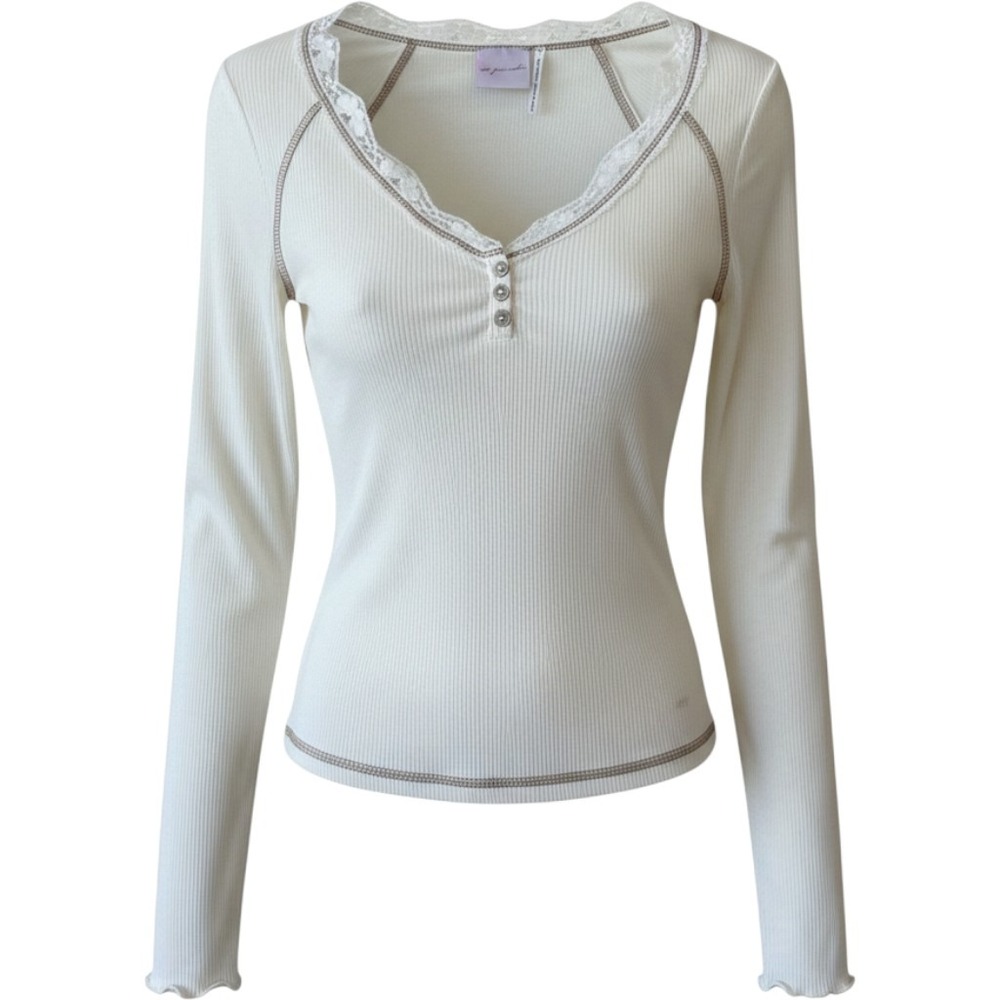 Out From Under Top Size S Ivory Lace Trim Henley Contrast Stitch Y2K Couquette